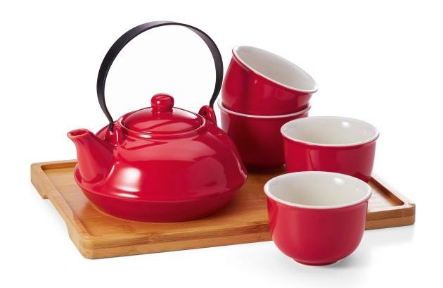 Set de portelan cu ceainic si cupe rosii